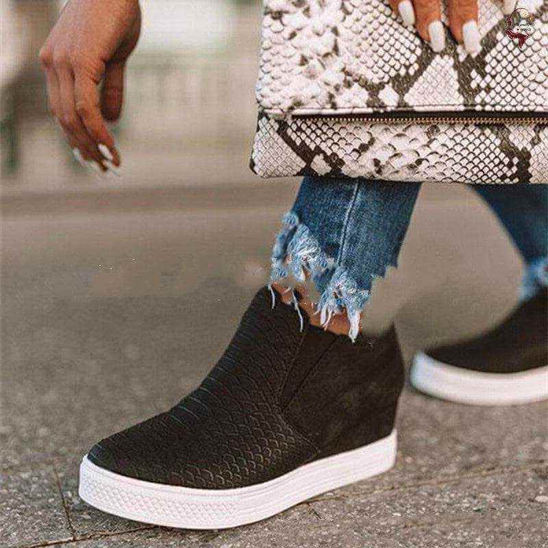 Ladies Wedge Side Zipper Snake Print Shoes