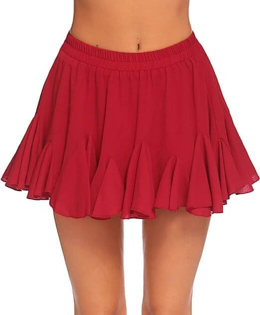 Red A-Line high waist pleated mini skirt with elastic waist.