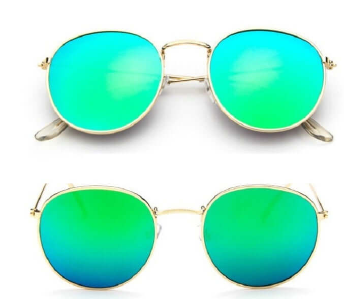 Round frame women retro sunglasses with gold metal frames and green lenses.