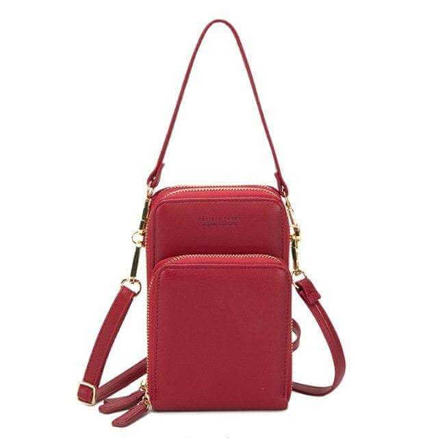 Red mini crossbody shoulder bag with multi-functional touchable cell phone pocket and card slots.