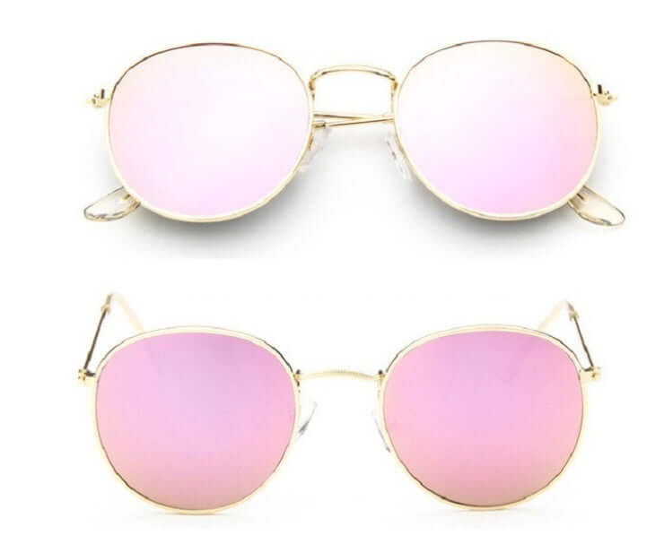 Round frame women retro sunglasses, metal frame, gold and silver options, pink lenses.