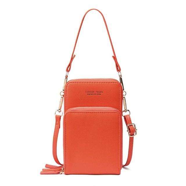 Mini crossbody shoulder bag in orange PU leather with touchable cell phone pocket and card slots.