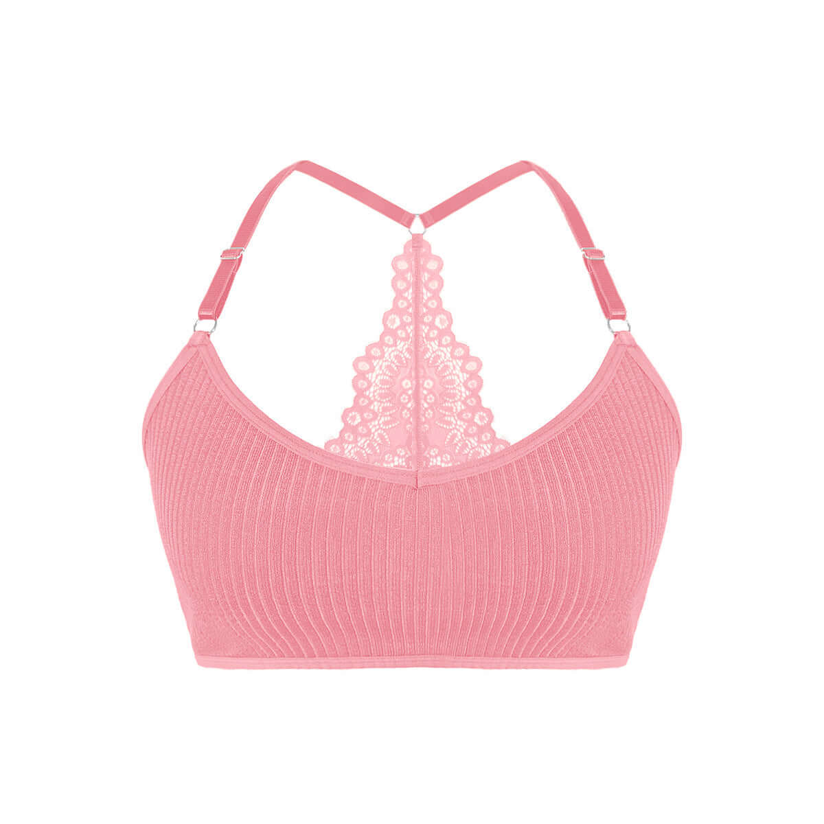 Pink lace vest-style adjustable double-shoulder strap women's bra, 3/4 cup, no mold cup.