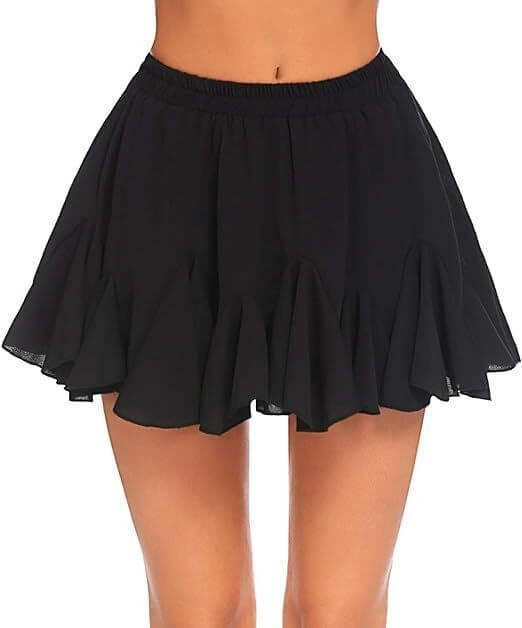 A-line high waist pleated mini skirt with elastic waist in black.