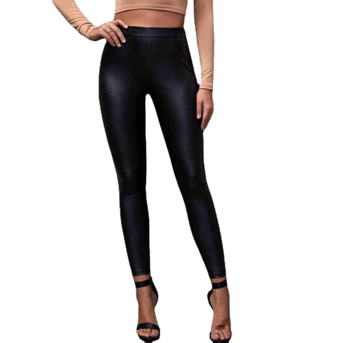 Black mid-waist PU leather pants, tight-fitting, nine-length style.