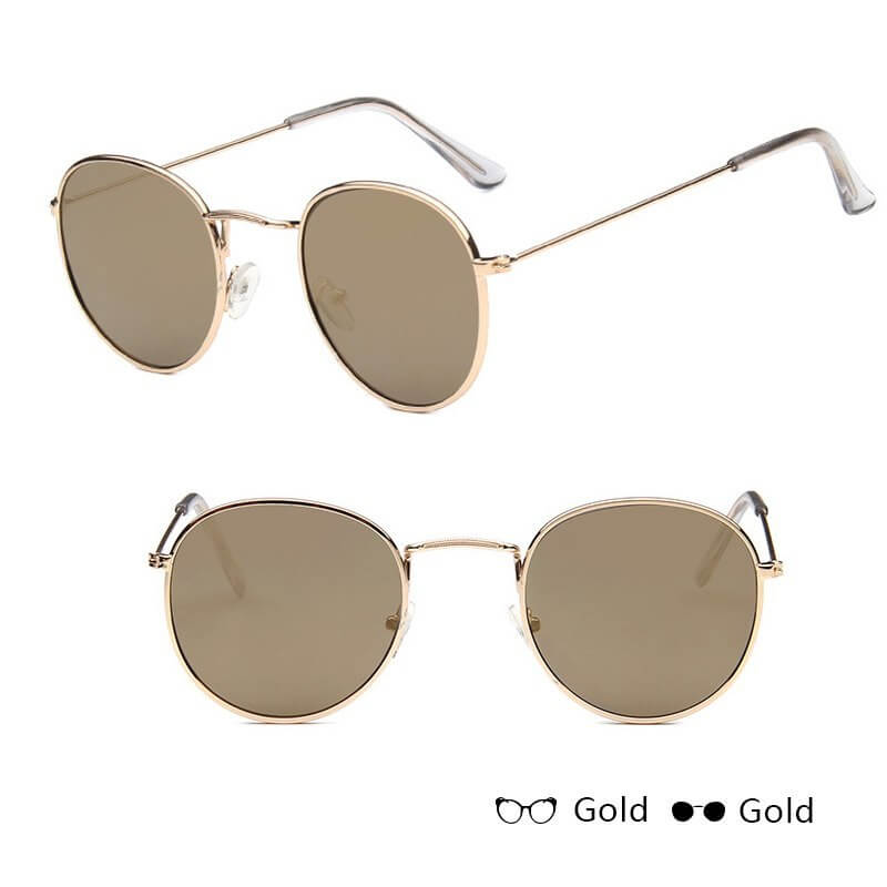 Women retro sunglasses with gold metal frame and tawny lenses, round style.