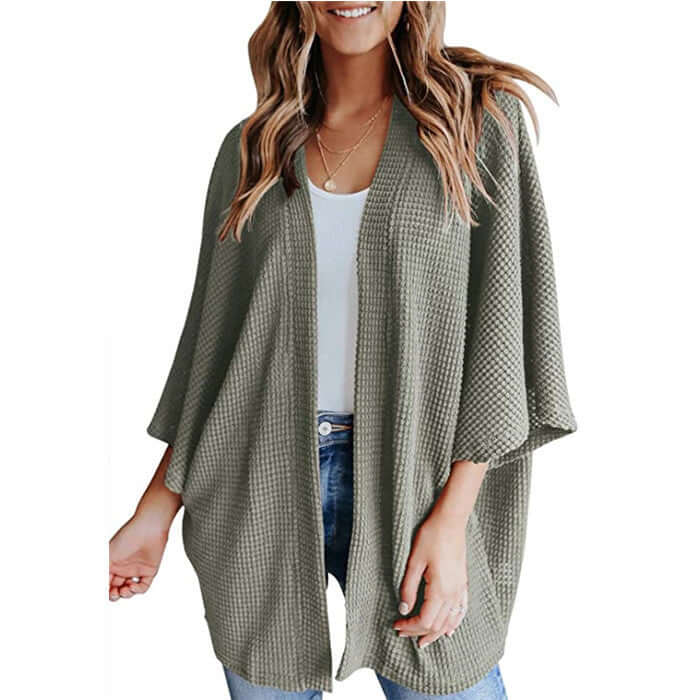 Green Bat Sleeve Waffle Gerson Women's Cardigan with V-neck and loose fit.