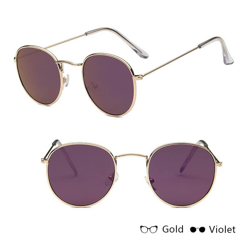 Women retro sunglasses with gold metal frames and round grey lenses.