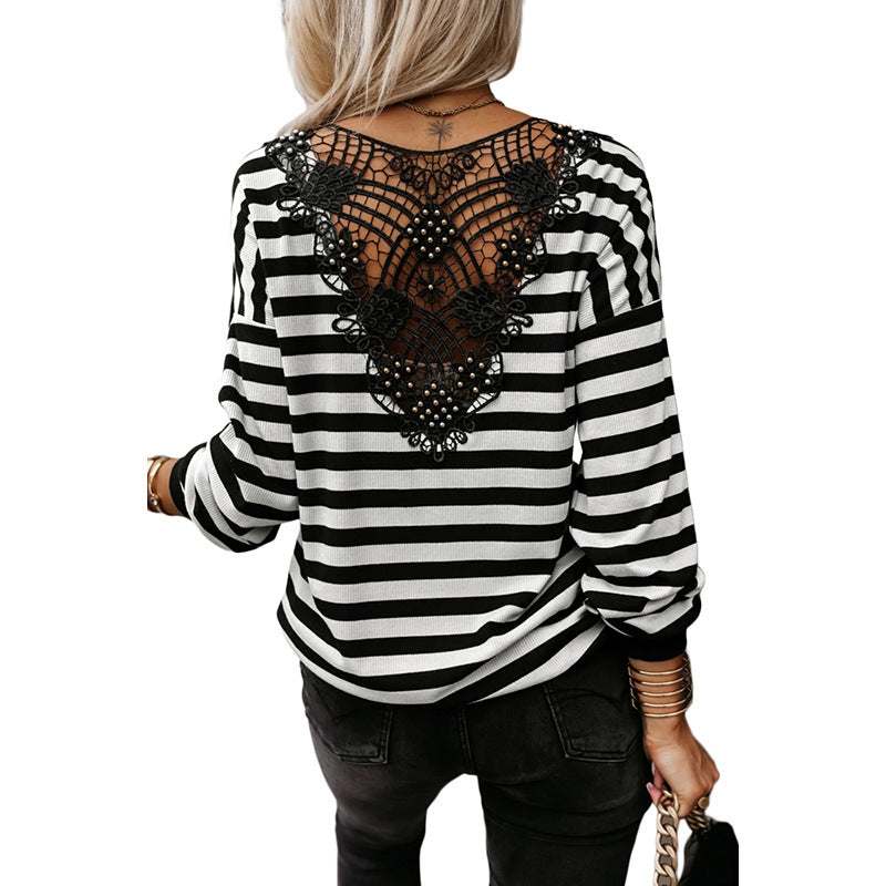 Striped Contrast Color Pullover Knitwear Back Lace Top