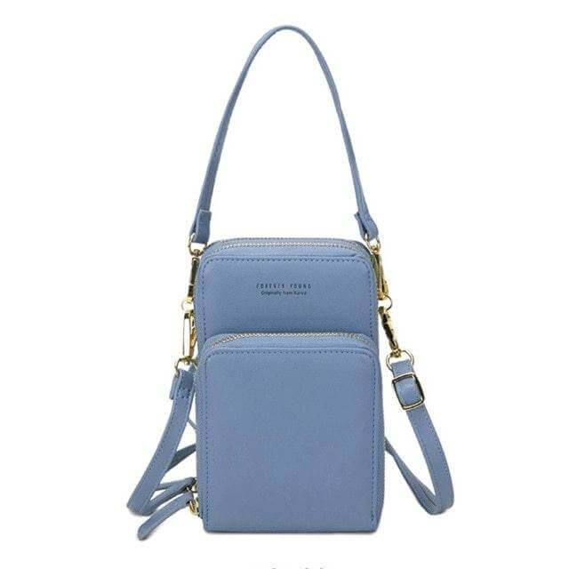 Mini crossbody shoulder bag in blue PU leather, touchable cell phone pocket, card slots, zipper closure.