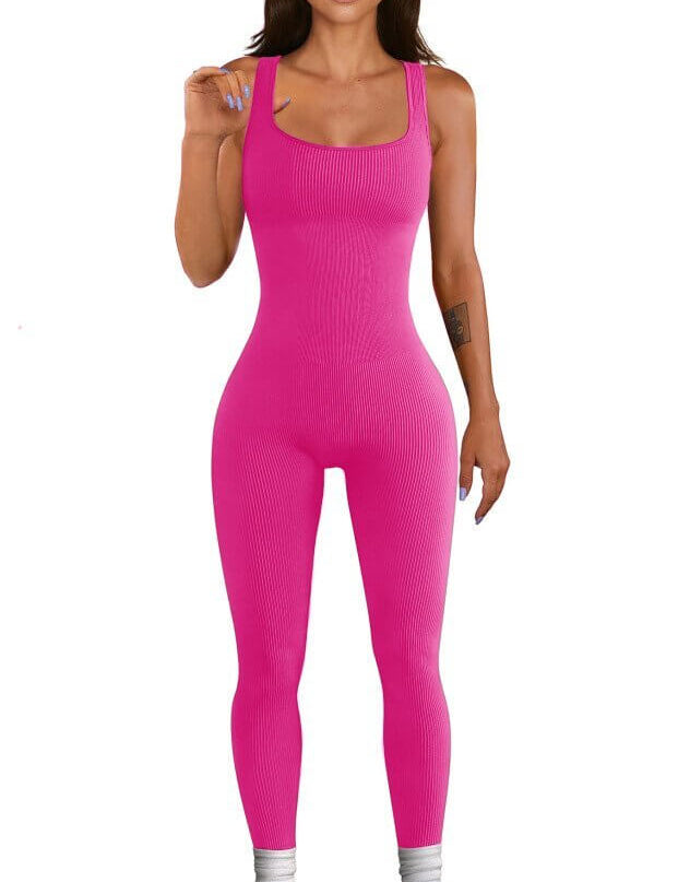 Women's pink suspender tank top tights, spandex fabric, long sleeve style with waist type design and button elements.