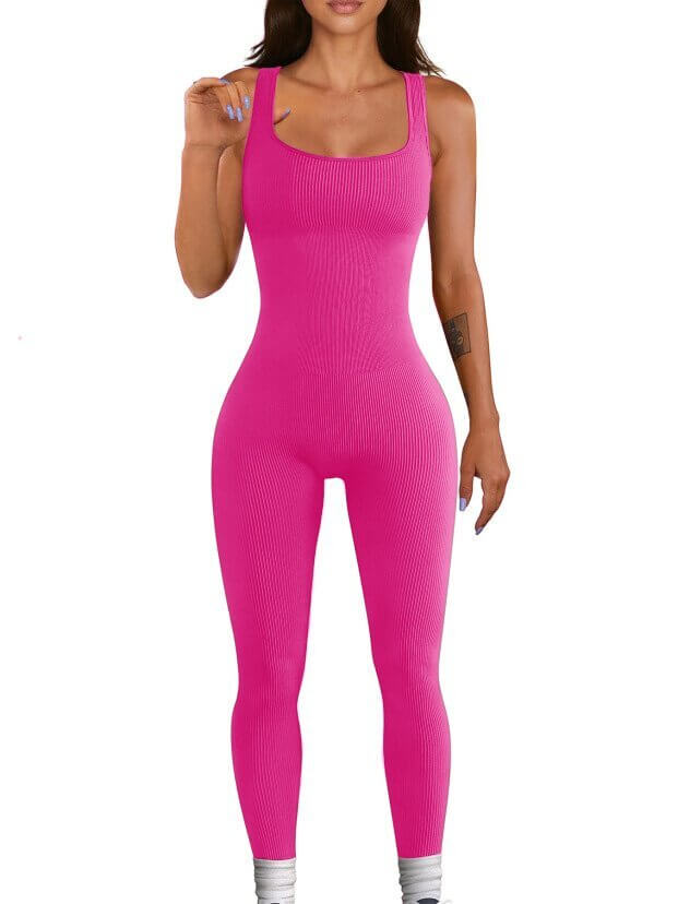 Women's pink suspender tank top tights, spandex fabric, long sleeve style with waist type design and button elements.