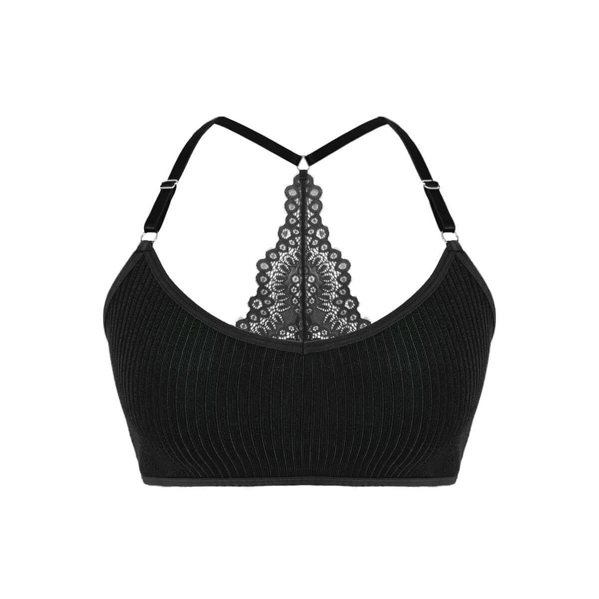 Double-shoulder strap adjustable lace vest bra in black.