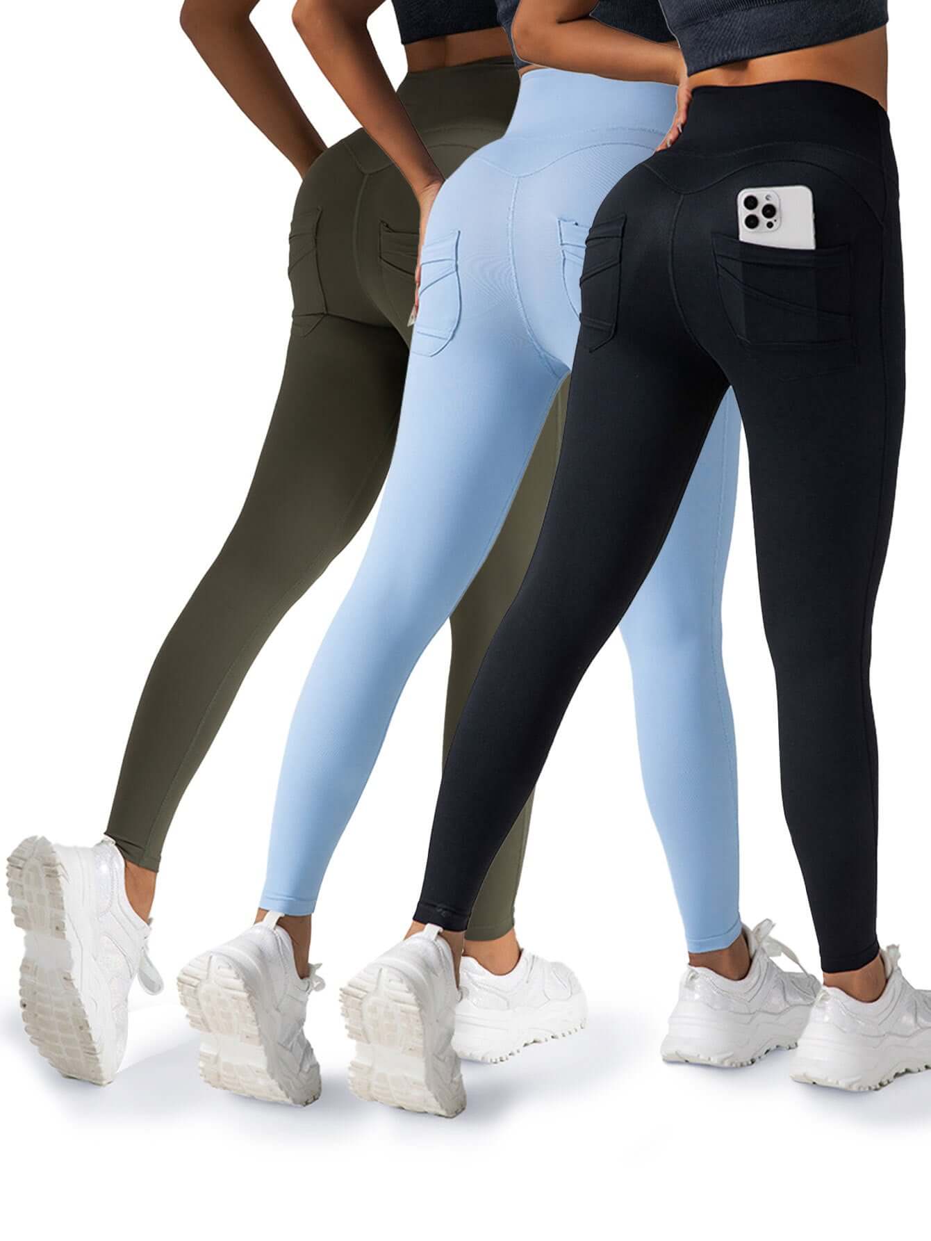 3 pack women's yoga leggings in black, blue, and olive green with high waist and side pockets for phones.