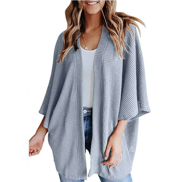 Bat Sleeve Waffle Gerson Women's Cardigan in light blue with V-neck and seven-point sleeves.