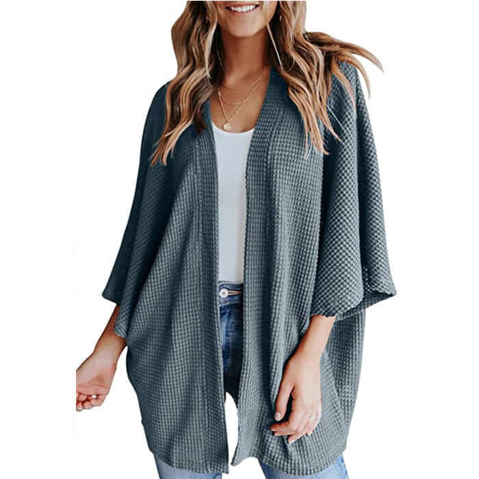 Bat Sleeve Waffle Gerson Women's Cardigan in dark blue, V-neck, medium length