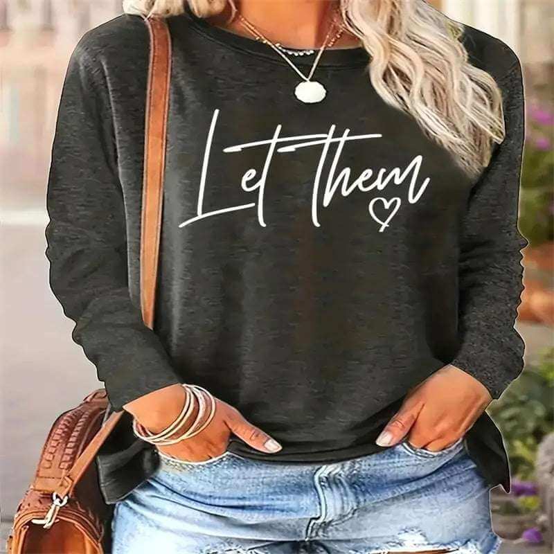 Women's printed hoodless sweatshirt, black, featuring "Let Them" text and heart design.