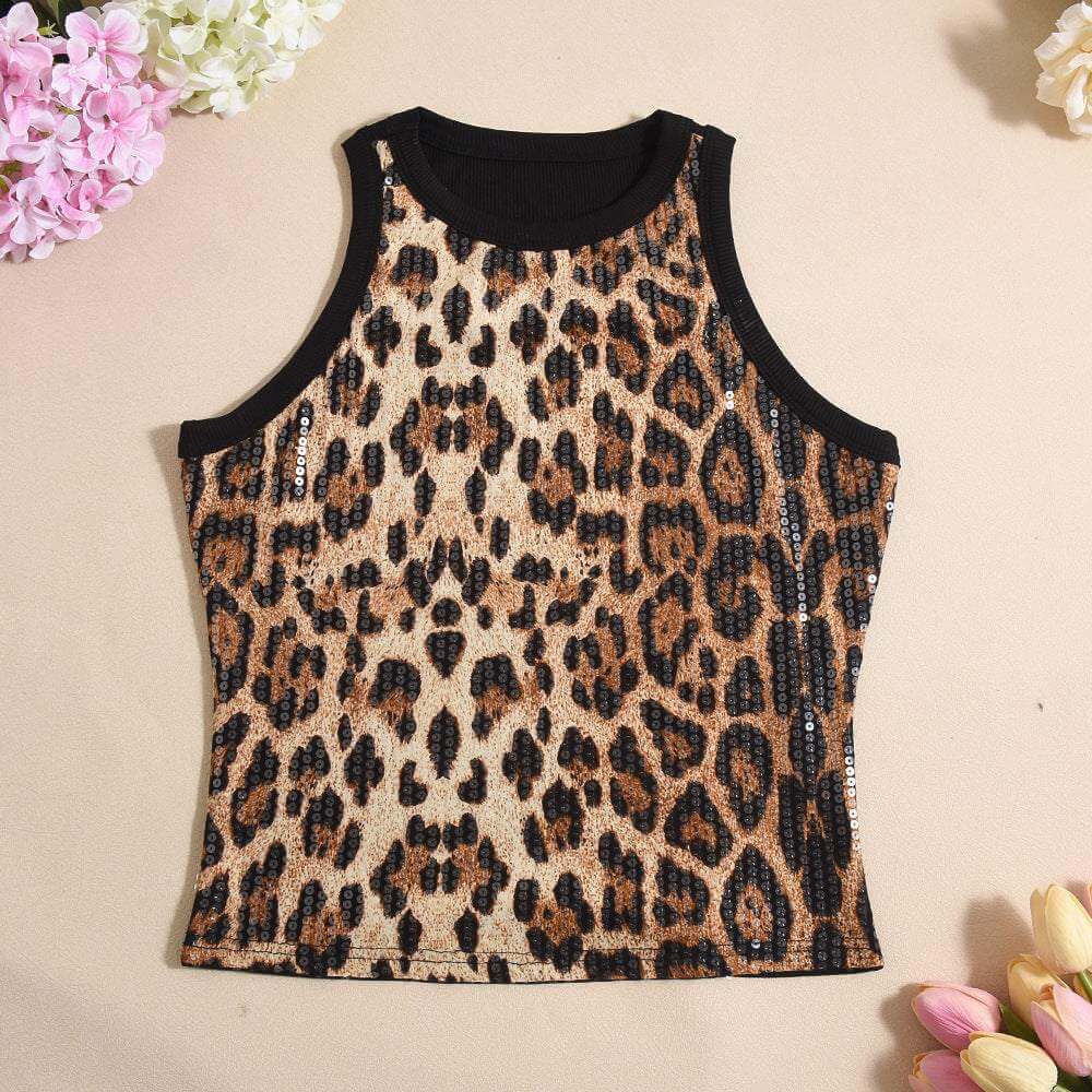 Leopard print sequin vest with sleeveless cropped design, street fashion style.