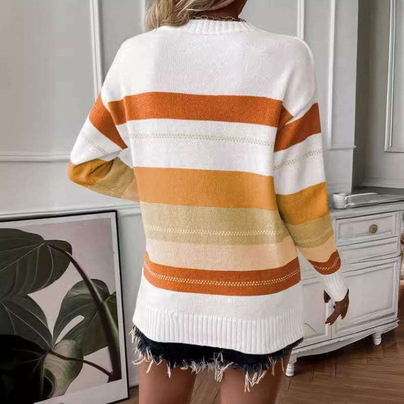 Casual contrast color striped knitted long sleeve sweater in orange and white.