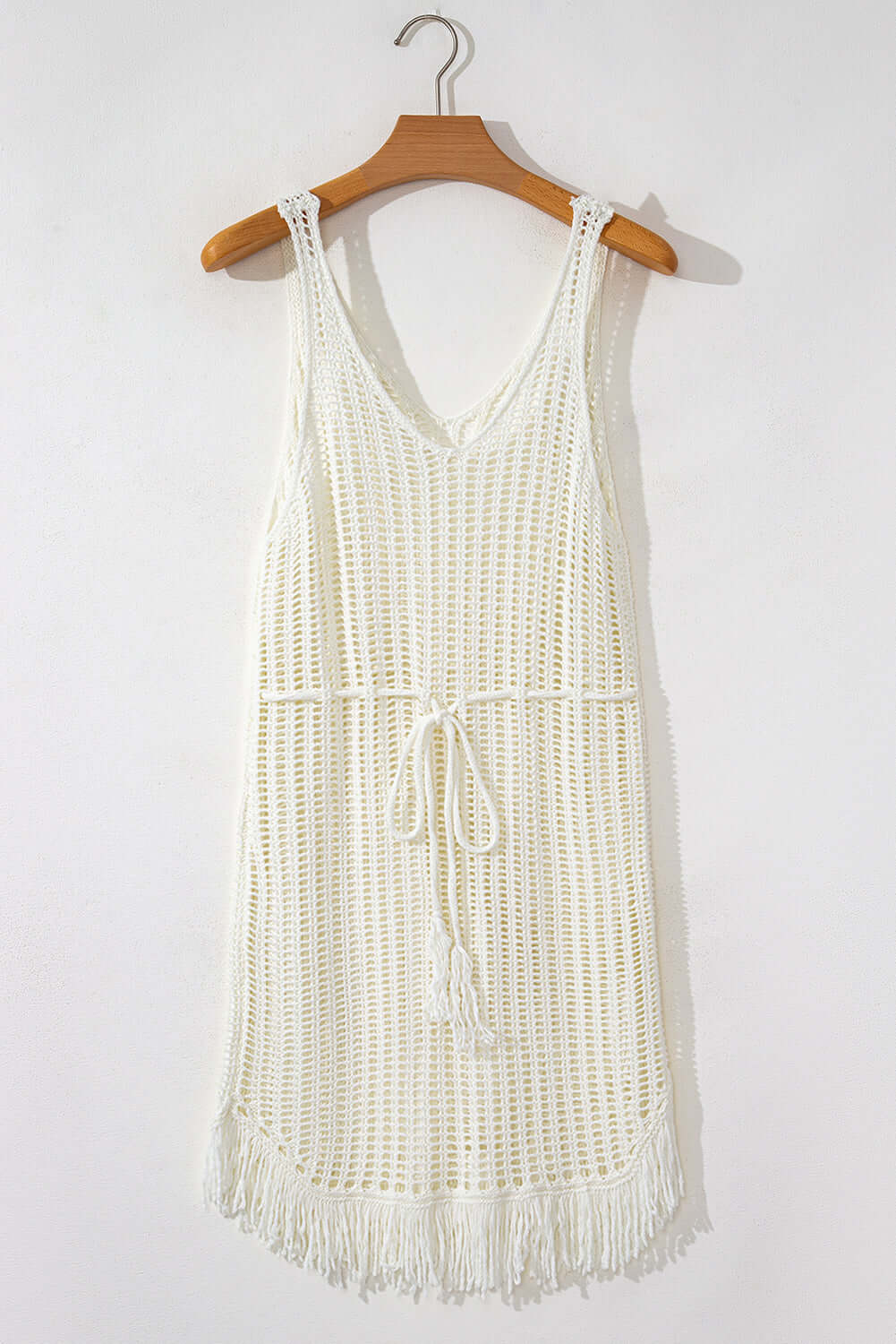 White Crochet Fishnet Fringe Hem Beach Cover Up displayed on hanger, perfect for beachwear and summer style.