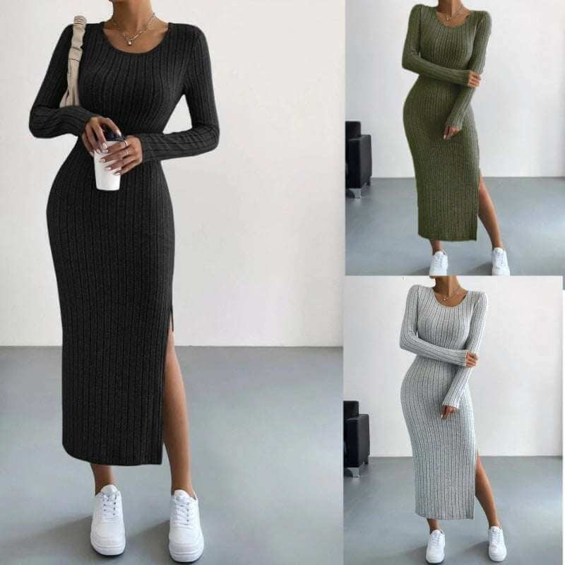 Knitted long dress in black, light gray, and army green, full length, elegant style.