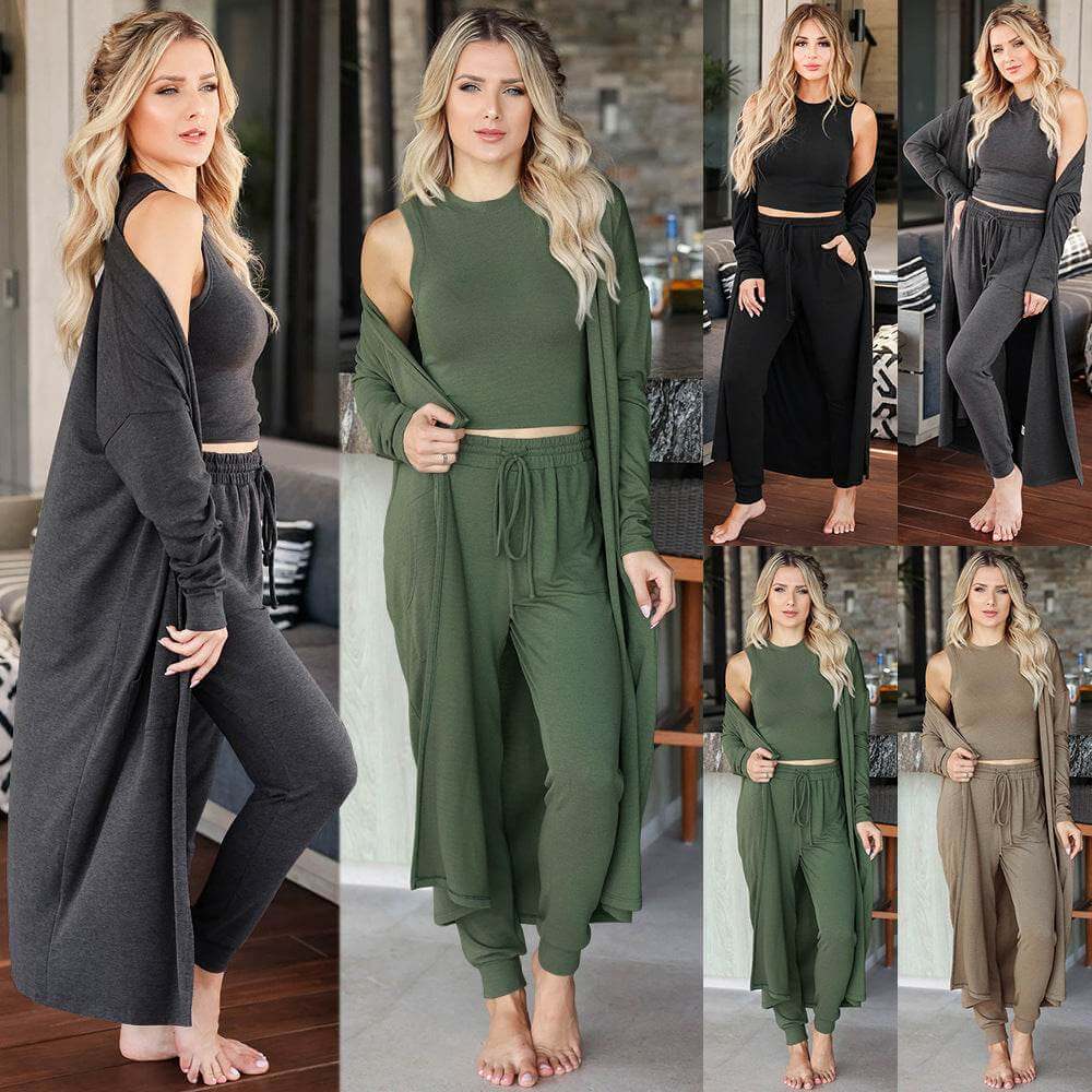 Women's knitted slim-fit vest and trousers sports suit in various colors, featuring long-sleeve vest and pencil pants.