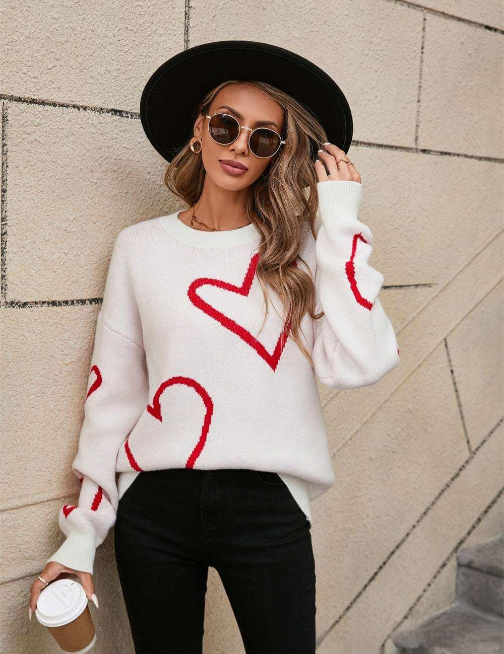 Female With Hearts Valentine's Day Pullover Big Peach Heart Contrast Color Sweater