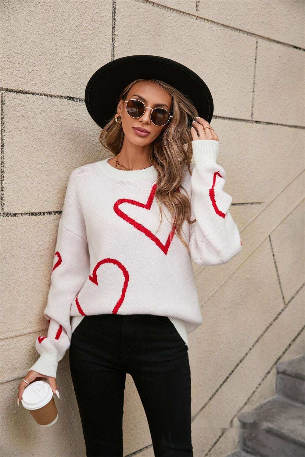 Female With Hearts Valentine's Day Pullover Big Peach Heart Contrast Color Sweater