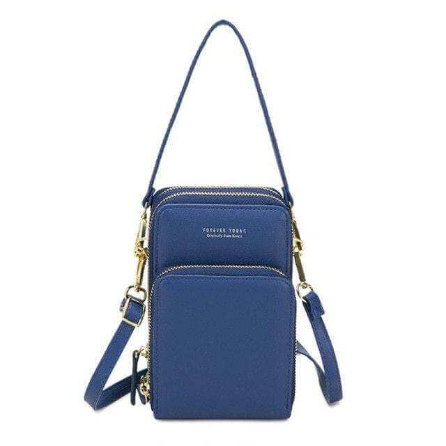 Women's blue mini crossbody shoulder bag with multi-functional touchable cell phone pocket and card slot, made of PU leather.