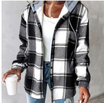 European And American Fashion Women's Wear Solid Color Plaid Hooded Jacket