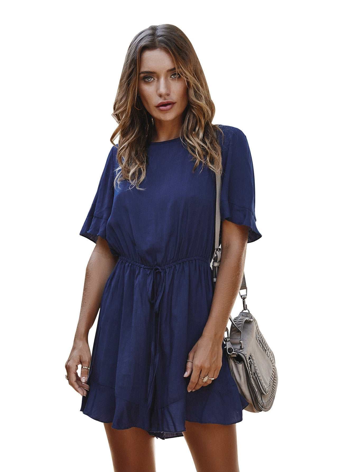 Women's mid-length navy blue dress with high waist and short sleeves.