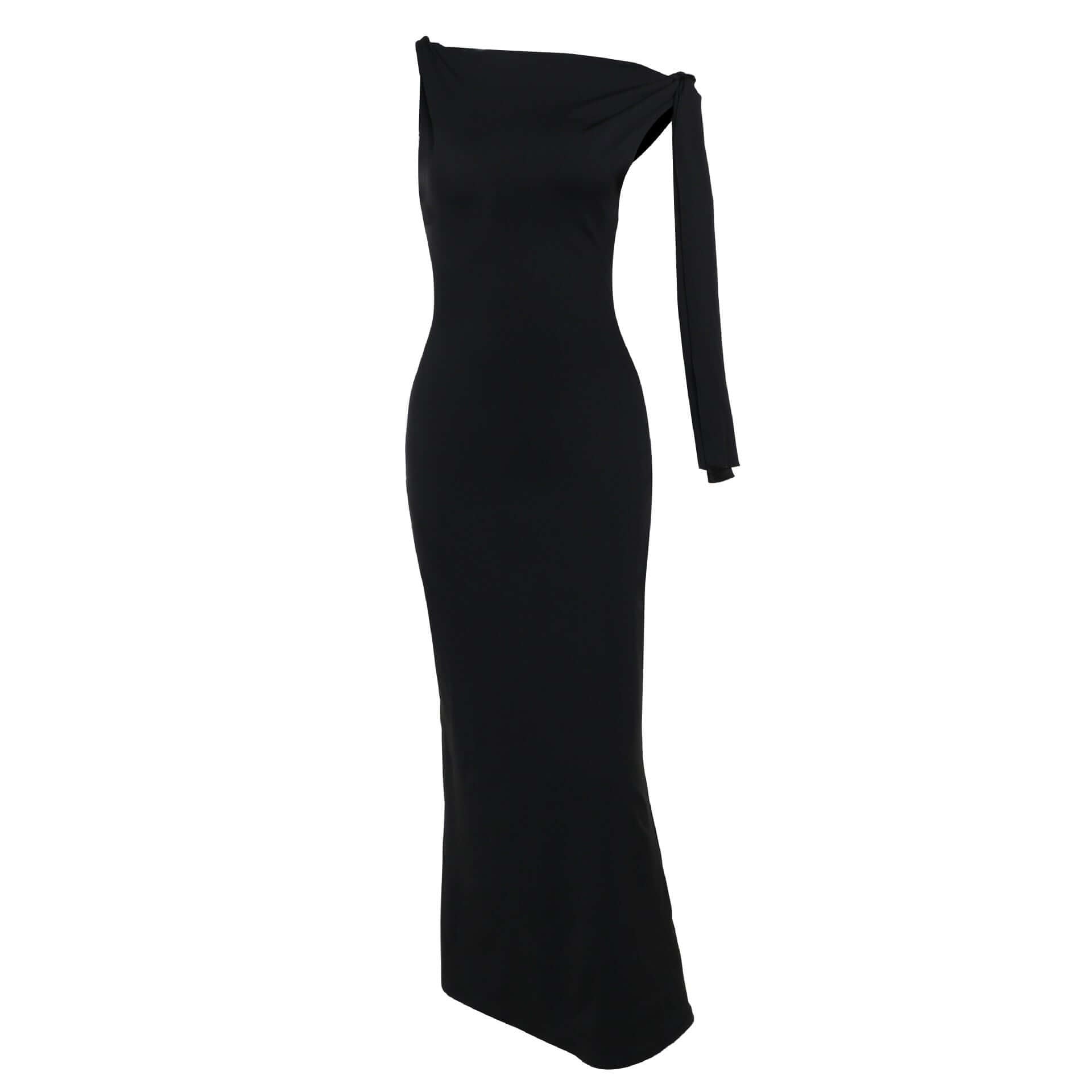 Elegant black sheath dress with one-shoulder design, ribbon detail, women's clothing.