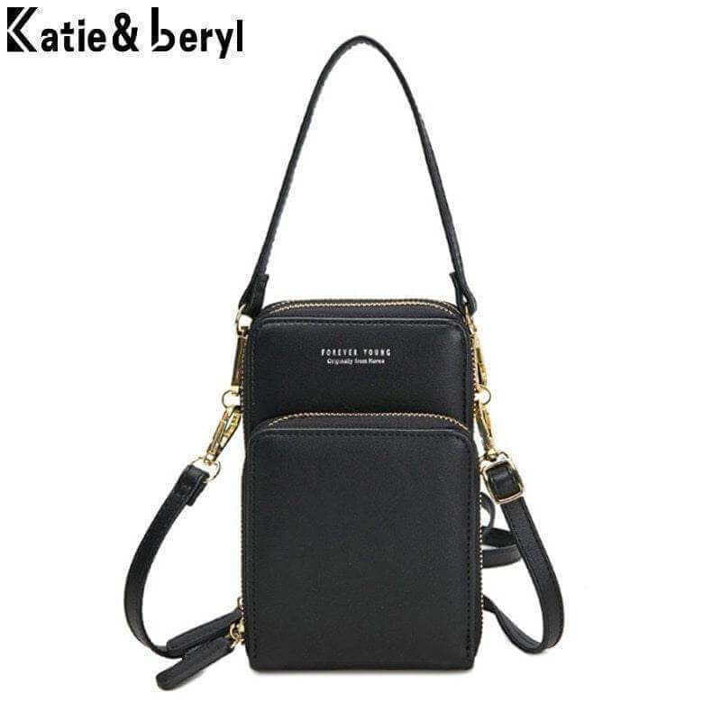 Mini crossbody shoulder bag for women, black PU leather, touchable phone pocket, card purse, zipper closure.