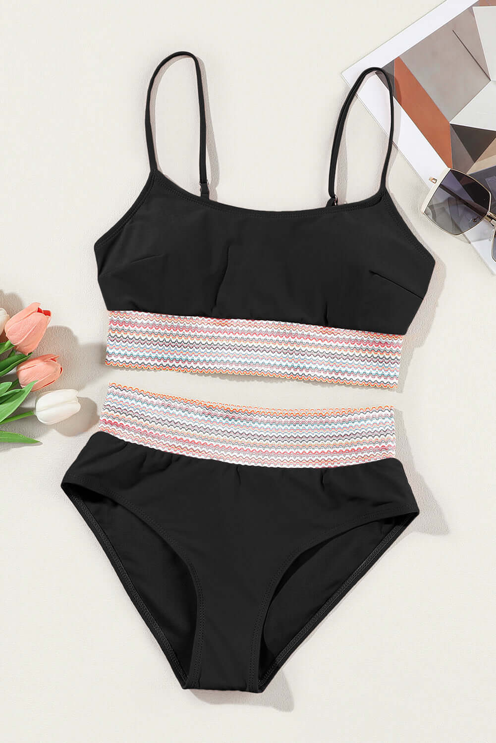 Black striped patchwork high waist bikini set with spaghetti straps, perfect for beach and pool activities.