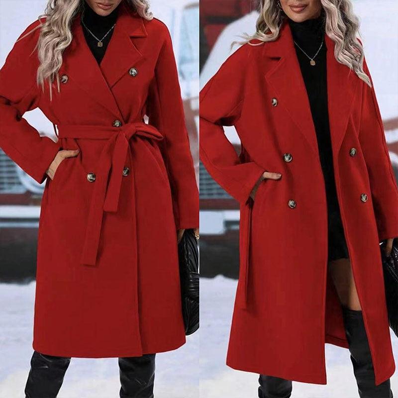 Red double-breasted trench coat with belt, long sleeves, flip collar, stylish women's winter fashion.