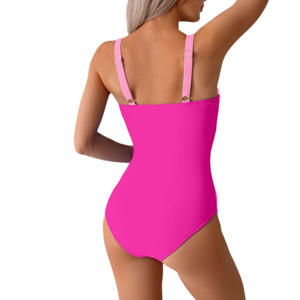 Women's rose red one-piece swimsuit with adjustable straps.