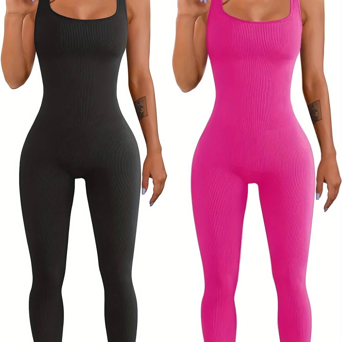 Women's black and pink suspender tank top tights made from spandex, featuring long sleeves and button details.