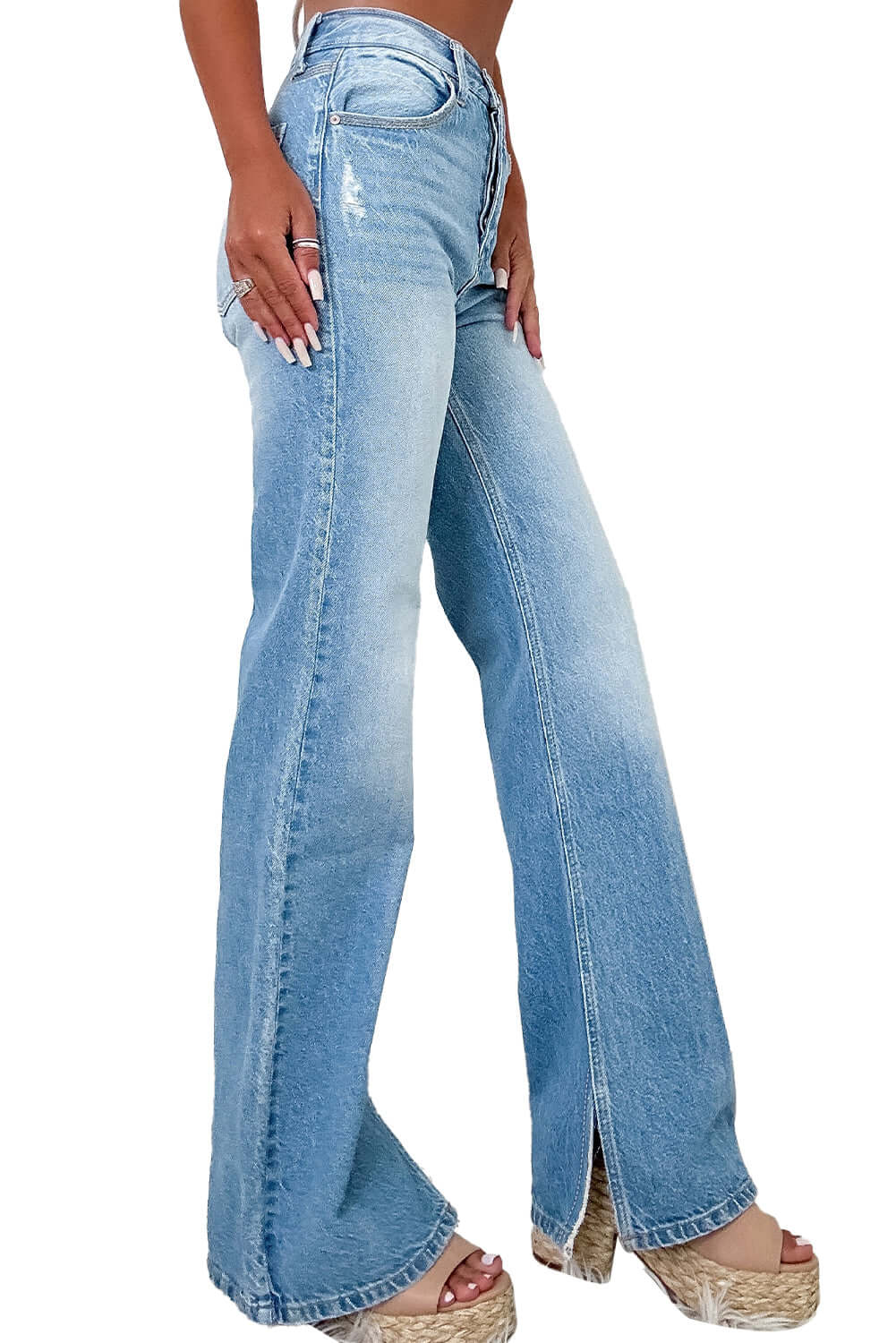 Myosotis Ripped High Rise Slit Jeans in light wash, featuring a flattering silhouette and stylish slit detail.