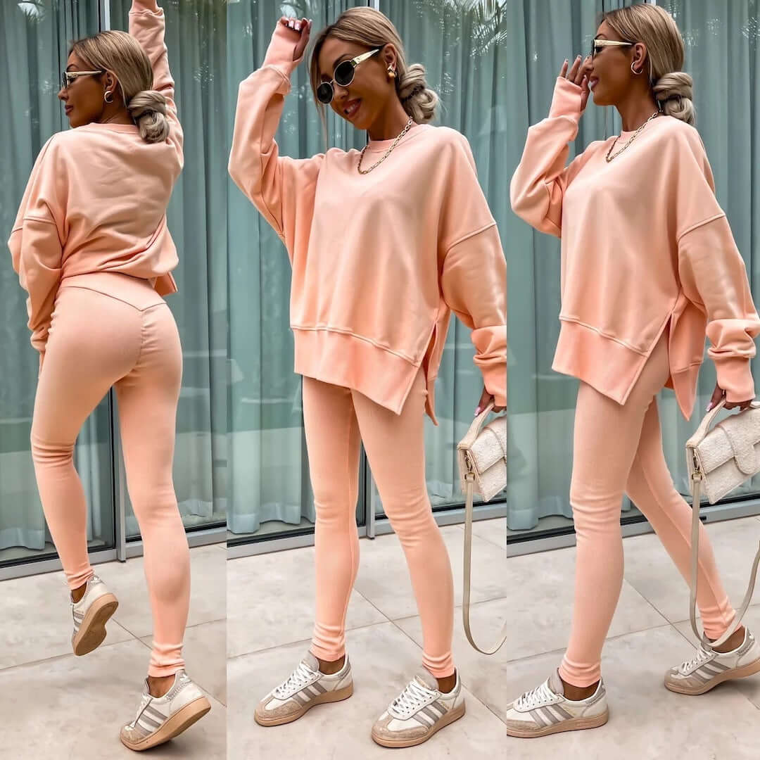 Women's casual loose long sleeve crew neck split top with tight trousers in apricot.