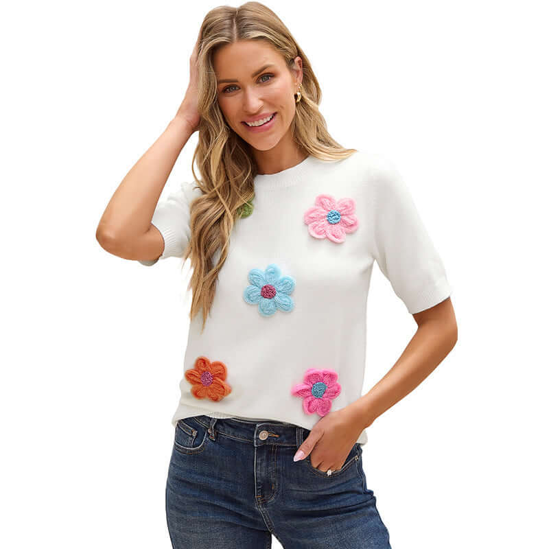 Three-dimensional Flower Decoration Half-sleeve Top European And American Commuters' Knitted