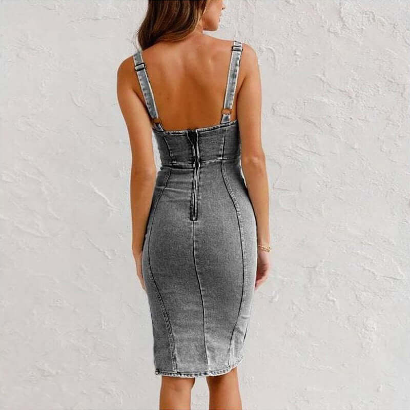 U-neck suspender denim dress with slit, summer casual tight slim fit design.