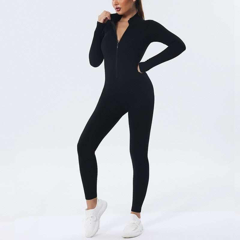 Black seamless yoga bodysuit with zipper, long sleeves, made of nylon blend fabric, suitable for fitness and sports trends.