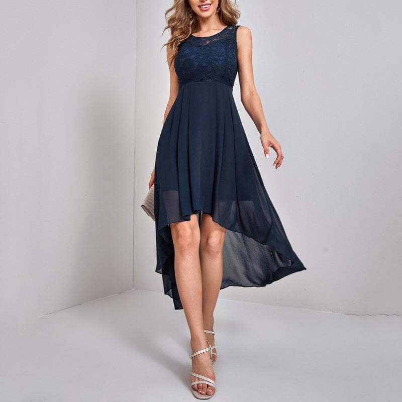 Lace stitching big swing chiffon dress in dark blue, sleeveless high waist design.