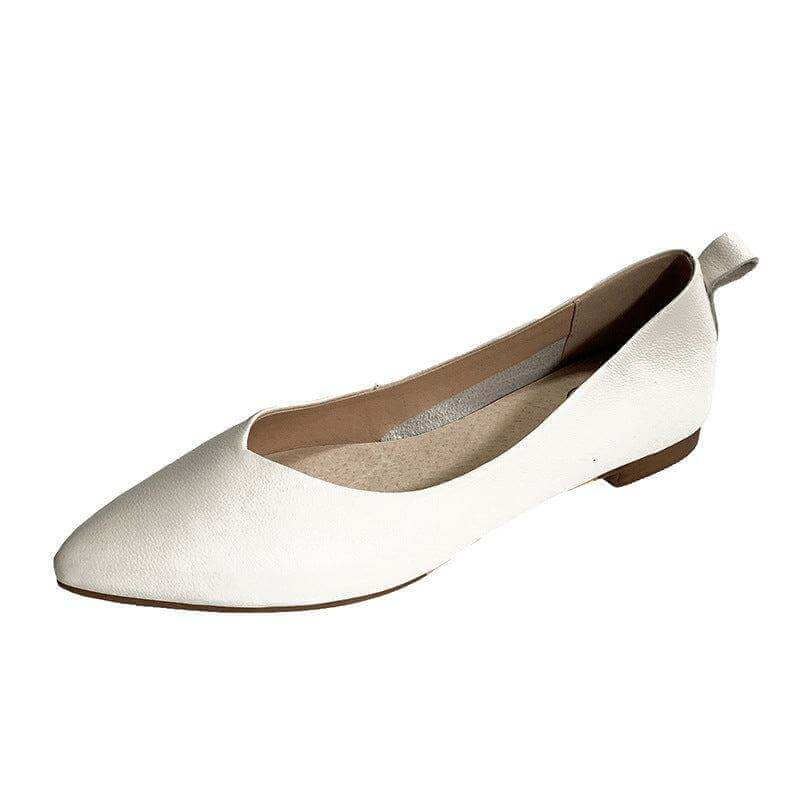 Ladies spring pointed flat shoe in white cowhide, low heel, wear-resistant casual style.