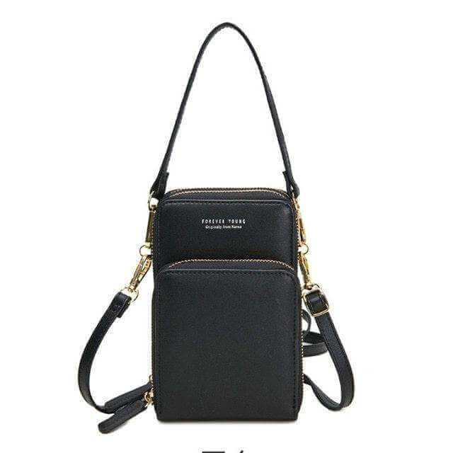 PU leather crossbody shoulder bag with touchable cell phone pocket and card slots.