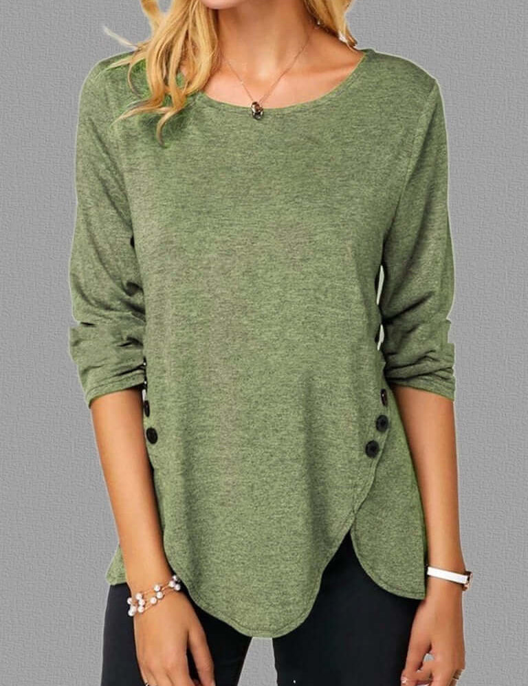 Irregular button hem long sleeved round neck oversized T-shirt in green cotton.