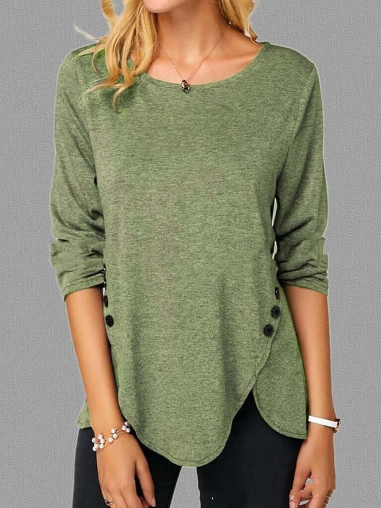 Irregular button hem long sleeved round neck oversized T-shirt in green cotton.