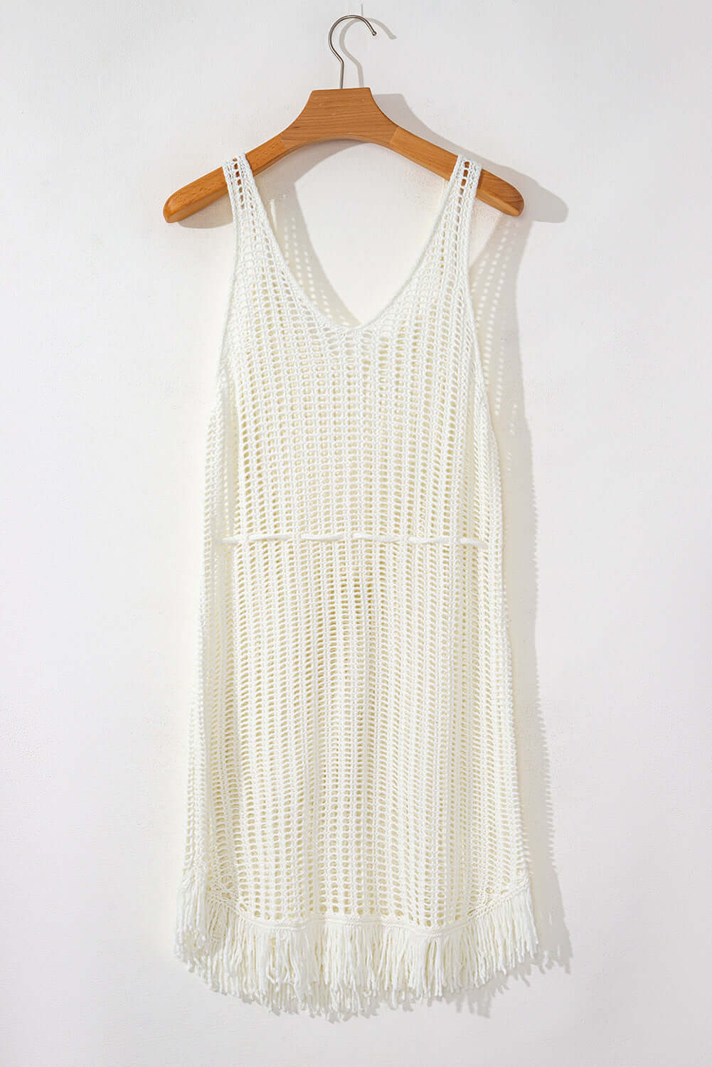 White Crochet Fishnet Fringe Hem Beach Cover Up perfect for summer beach days and lounging by the shore.