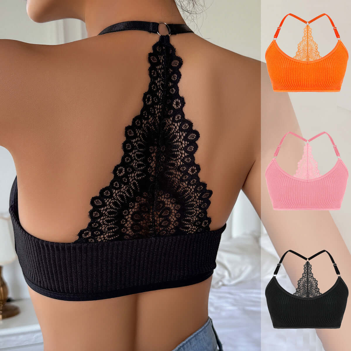 Double-shoulder strap adjustable underwear bra for women in lace vest style, available in black, orange, and pink.