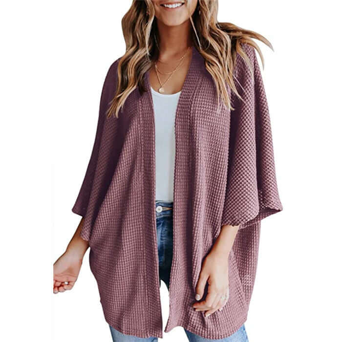 Bat Sleeve Waffle Gerson Women's Cardigan in pink, medium length, loose fit, seven-point sleeves, V-neck.